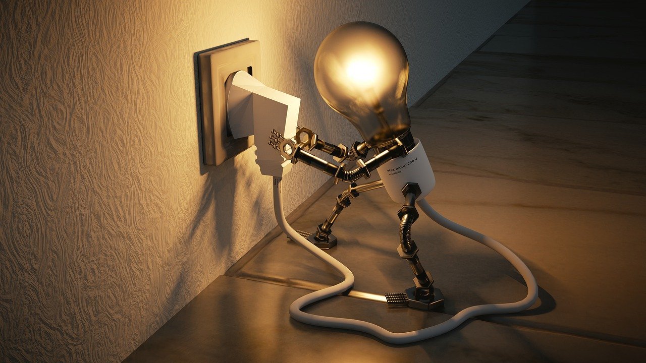 Graphic image of a lightbulb drawn with mechanical feet and hands, pulling the plug of its own cord