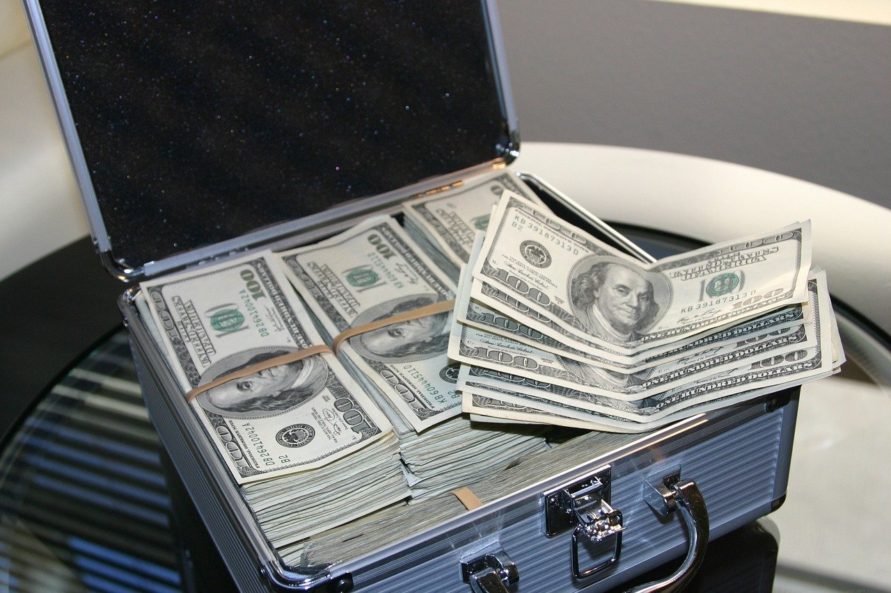 Case filled with dollar bills