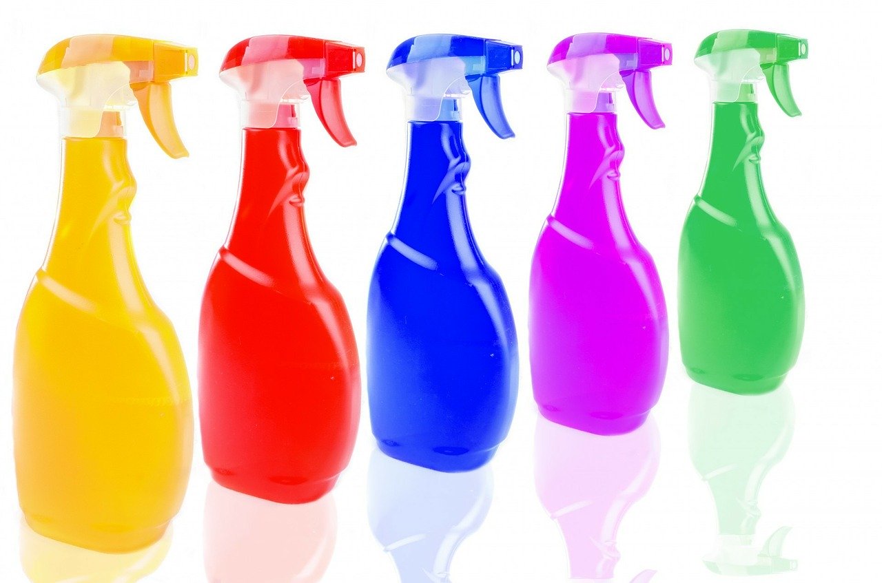 Five bottles of spray cleaners