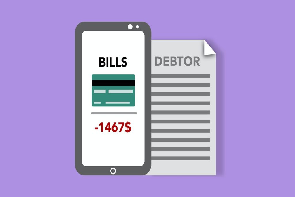 Graphic image of the amount of credit card bill as seen on a mobile phone screen and a document titled "debtor"