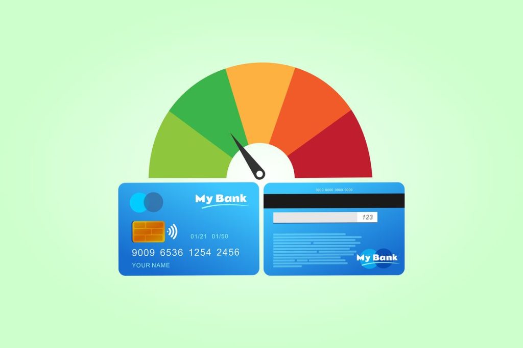 Graphic image of a credit card showing both its sides with a score meter icon on the background