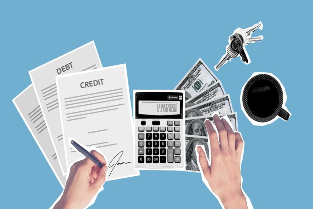 Graphic image of a person signing out credit and debt papers with images of a calculator, dollar bills, keys and a coffee mug